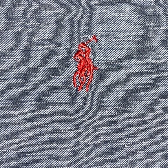 Polo Ralph Lauren Men's Sz Large Slim Fit 100% Linen Chambray Shirt Red Pony EUC - Picture 4 of 12
